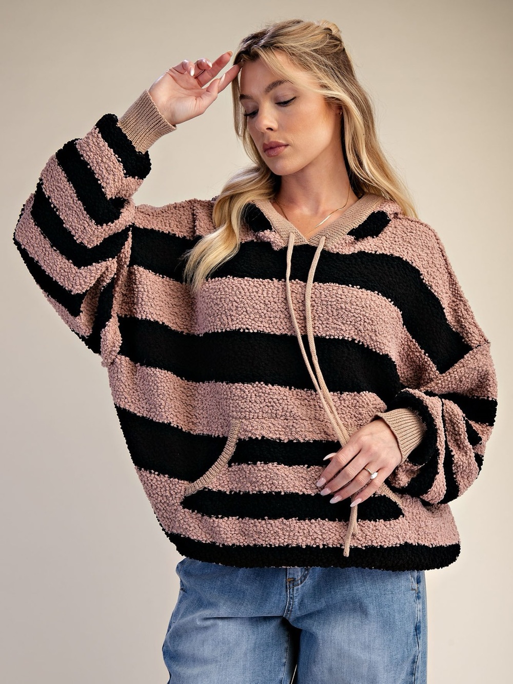 334. EASEL mocha tan and black stripe popcorn sweater hoodie